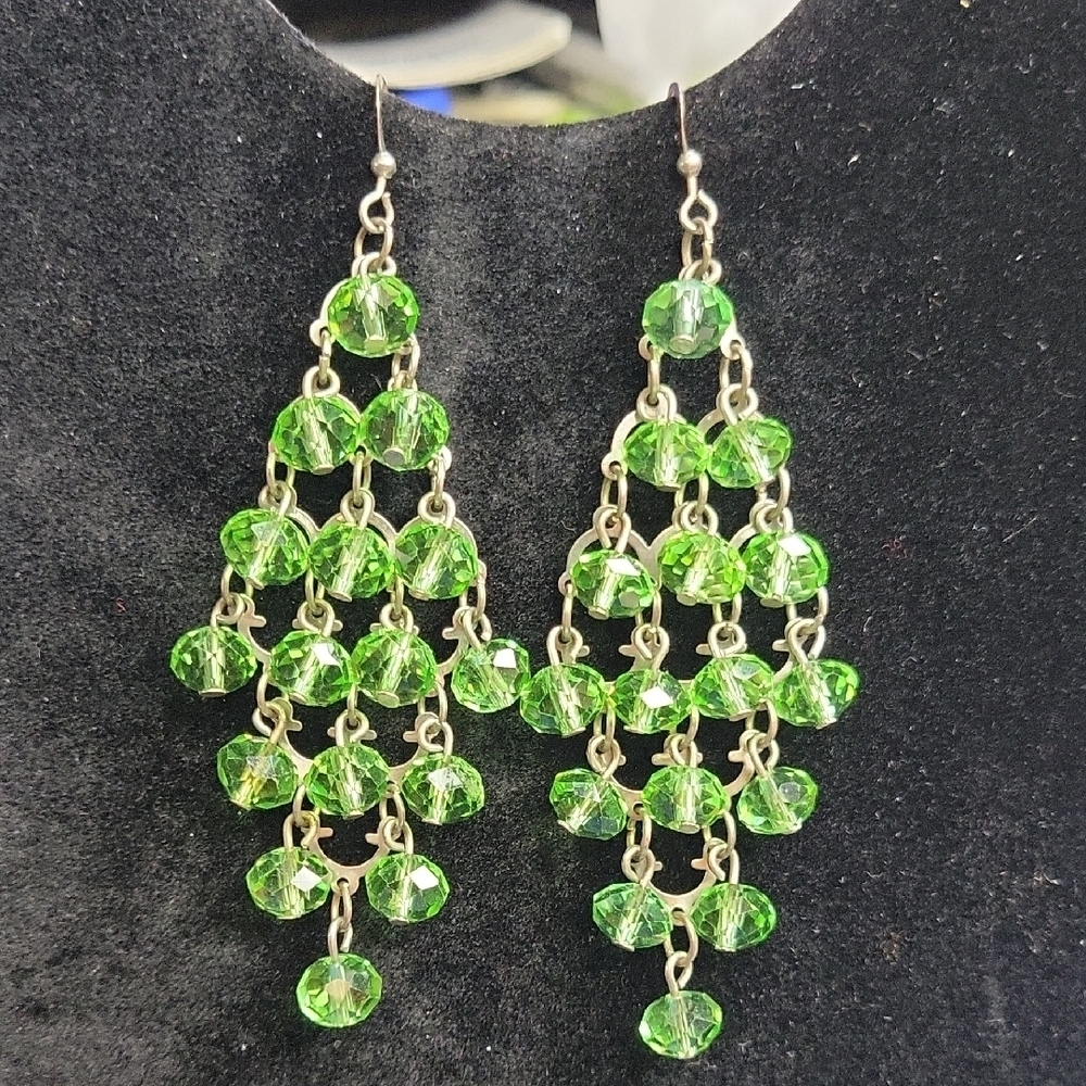 Green Beaded Chandelier 3" Earrings